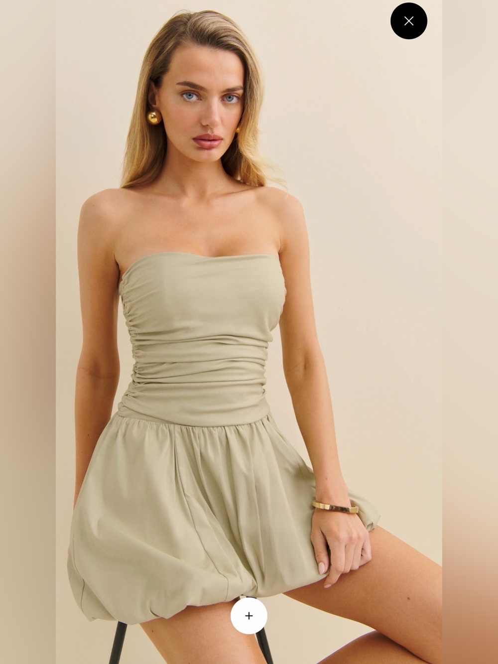 REFORMATION Clea Dress Strapless Ruched Bubble Hem Dress in Light Olive